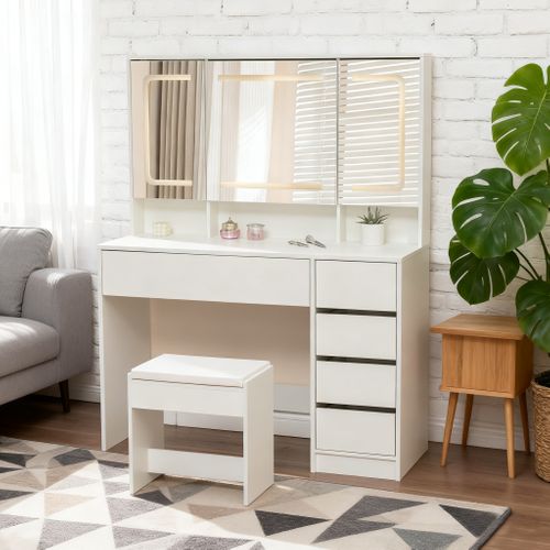 Coiffeuse Miroir-tabouret 110x40x140cm LED 5 Tiroirs Miroir Caché Table De Maquillage Moderne Blanc