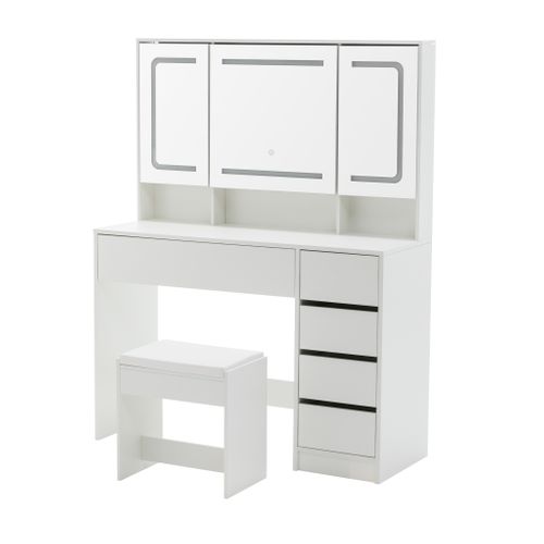 Coiffeuse Miroir-tabouret 110x40x140cm LED 5 Tiroirs Miroir Caché Table De Maquillage Moderne Blanc