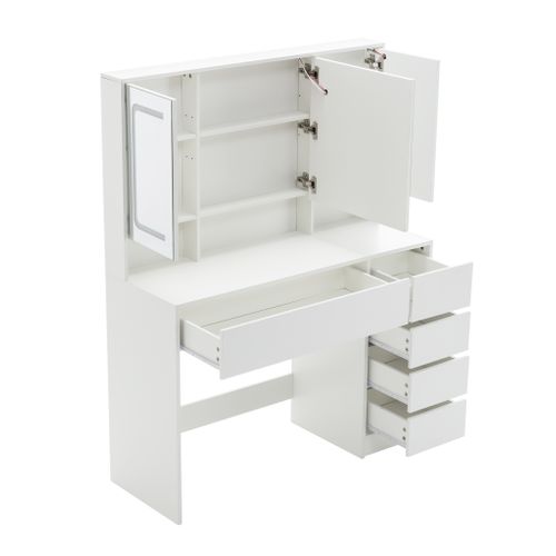 Coiffeuse Miroir-tabouret 110x40x140cm LED 5 Tiroirs Miroir Caché Table De Maquillage Moderne Blanc