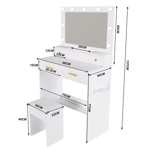 Coiffeuse Miroir Tabouret LED 4 Tiroir 80x40x137cm Table Maquillage Avec Prise-support Sèche-cheveux