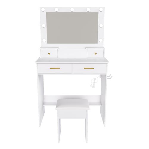 Coiffeuse Miroir Tabouret LED 4 Tiroir 80x40x137cm Table Maquillage Avec Prise-support Sèche-cheveux