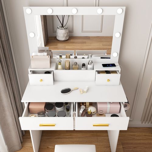 Coiffeuse Miroir Tabouret LED 4 Tiroir 80x40x137cm Table Maquillage Avec Prise-support Sèche-cheveux