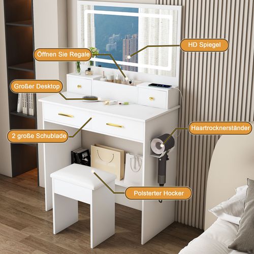 Coiffeuse Miroir-tabouret LED 4 Tiroir H137cm Table Maquillage Avec Prise-support Sèche-cheveux