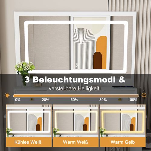 Coiffeuse Miroir-tabouret LED 4 Tiroir H137cm Table Maquillage Avec Prise-support Sèche-cheveux