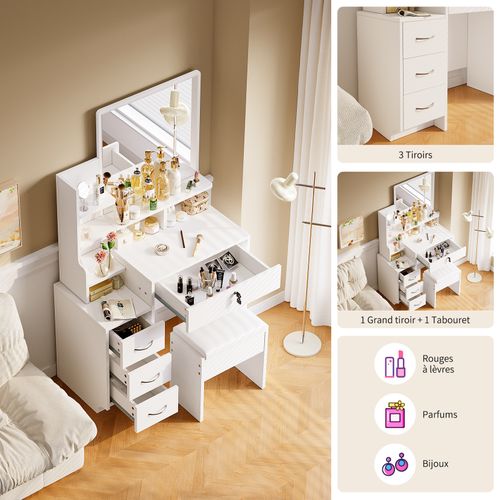 Coiffeuse Moderne Avec Miroir Table De Maquillage 4 Tiroirs 1 Tabouret 4 Etagères 87x40x144cm Blanc