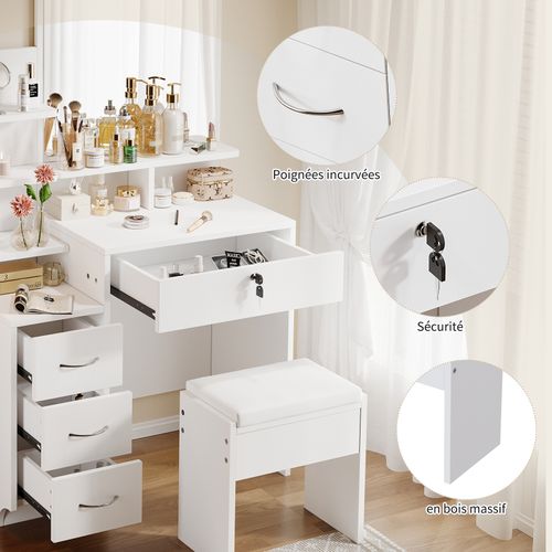 Coiffeuse Moderne Avec Miroir Table De Maquillage 4 Tiroirs 1 Tabouret 4 Etagères 87x40x144cm Blanc