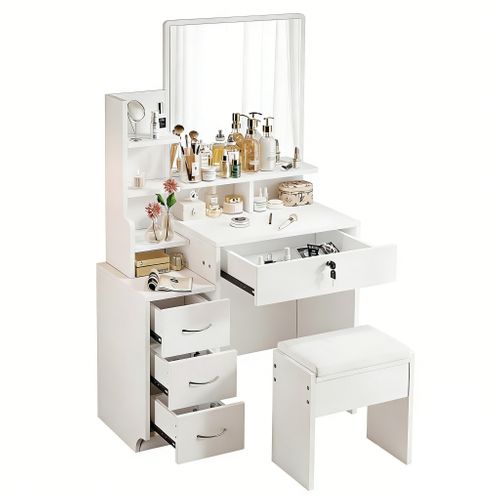 Coiffeuse Moderne Avec Miroir Table De Maquillage 4 Tiroirs 1 Tabouret 4 Etagères 87x40x144cm Blanc