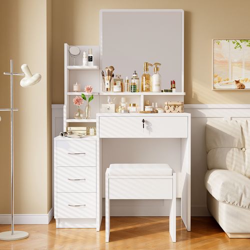 Coiffeuse Moderne Avec Miroir Table De Maquillage 4 Tiroirs 1 Tabouret 4 Etagères 87x40x144cm Blanc