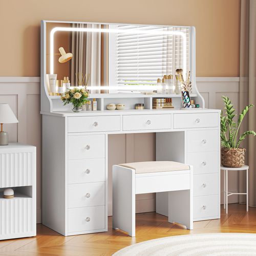 Coiffeuse Élégante 11 Tiroirs Grand Miroir 110cm Avec Prise-support Table De Maquillage LED Blanc