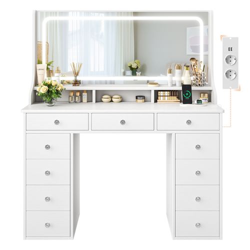 Coiffeuse Élégante 11 Tiroirs Grand Miroir 110cm Avec Prise-support Table De Maquillage LED Blanc