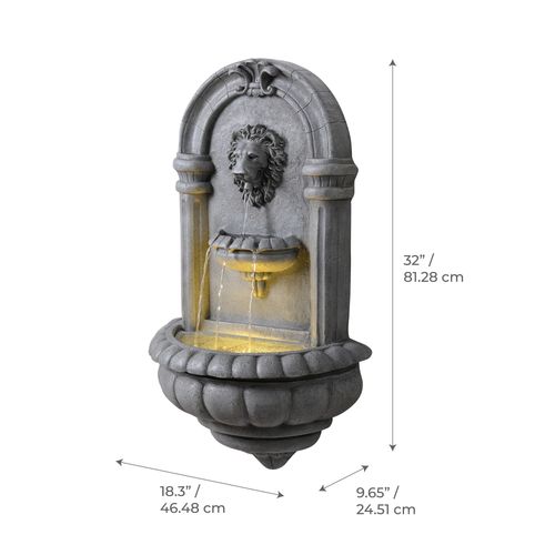 Fontaine Murale Extérieure Tête De Lion LED, 81cm, Gris
