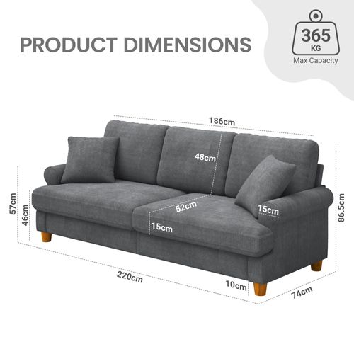 Canapé Droit 3 Places Moderne Tissu En Chenille,220 X 74 X 86cm,gris