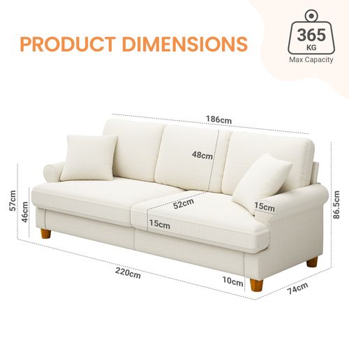 Canapé Droit 3 Places Moderne Tissu En Chenille 220 X 74 X 86cm,beige