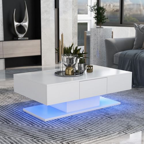 Table Basse 100x60x35,5cm LED 2 Tiroirs - Compartiment Ouvert - Blanc Brillant
