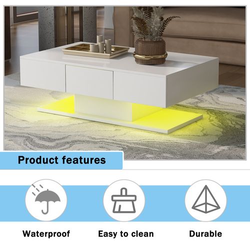 Table Basse 100x60x35,5cm LED 2 Tiroirs - Compartiment Ouvert - Blanc Brillant