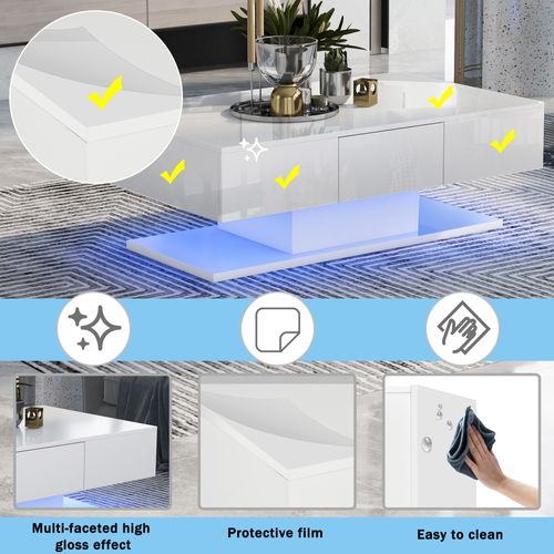 Table Basse 100x60x35,5cm LED 2 Tiroirs - Compartiment Ouvert - Blanc Brillant