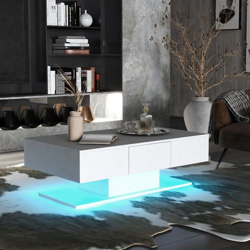 Table Basse 100x60x35,5cm LED 2 Tiroirs - Compartiment Ouvert - Blanc Brillant