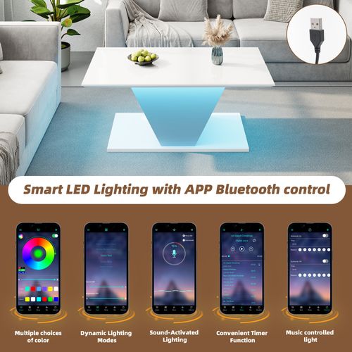 Table Basse Rectangulaire LED 100x50x46cm Pieds V - Blanc