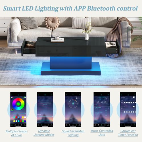 Table Basse Moderne 100x50x45cm LED 2 Tiroirs - Noir