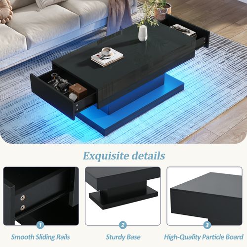 Table Basse Moderne 100x50x45cm LED 2 Tiroirs - Noir