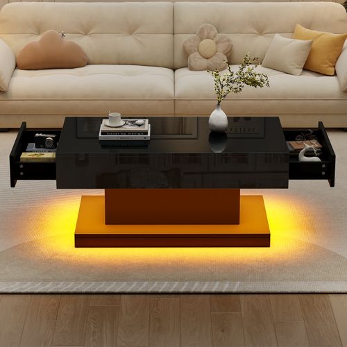 Table Basse Moderne 100x50x45cm LED 2 Tiroirs - Noir