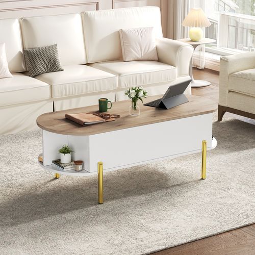 Table Basse Moderne 120x50x43cm - Plateau Réglable - Bois Et Blanc