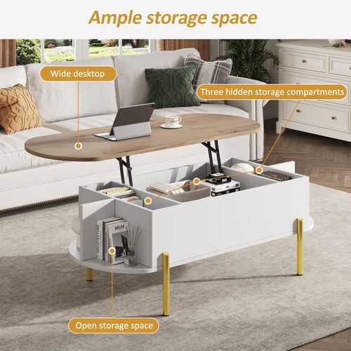 Table Basse Moderne 120x50x43cm - Plateau Réglable - Bois Et Blanc