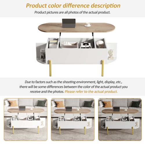 Table Basse Moderne 120x50x43cm - Plateau Réglable - Bois Et Blanc