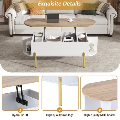 Table Basse Moderne 120x50x43cm - Plateau Réglable - Bois Et Blanc