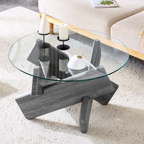 Table Basse Table Ronde En Verre Trempé 79x79x45cm Design Moderne En Bois Croisé Gris