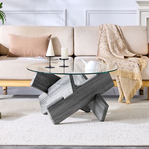Table Basse Table Ronde En Verre Trempé 79x79x45cm Design Moderne En Bois Croisé Gris