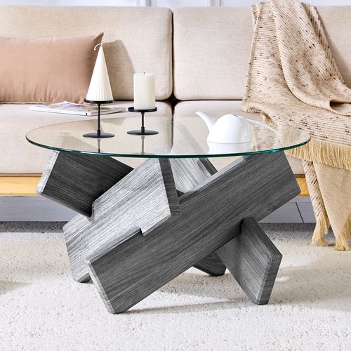 Table Basse Table Ronde En Verre Trempé 79x79x45cm Design Moderne En Bois Croisé Gris