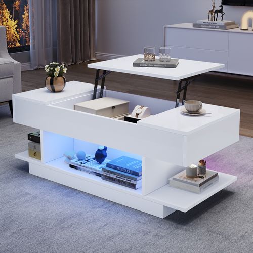 Table Basse Salon 98x45x40cm Plateau Réglable Hauteur LED 2 Compartiments Rangement Blanc Brillant