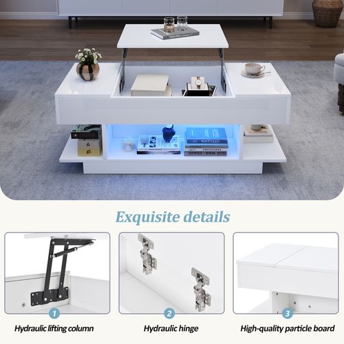 Table Basse Salon 98x45x40cm Plateau Réglable Hauteur LED 2 Compartiments Rangement Blanc Brillant