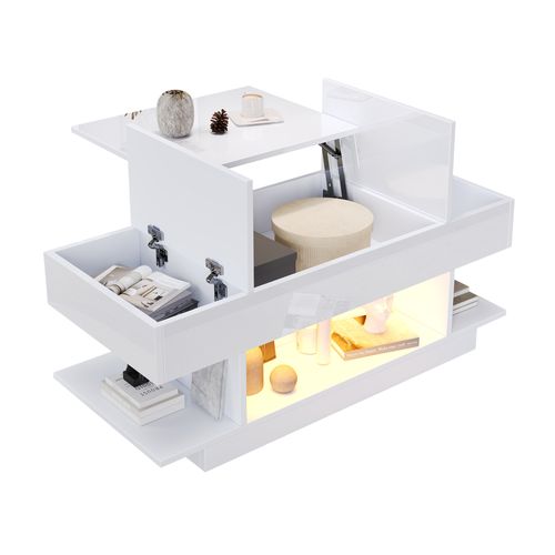 Table Basse Salon 98x45x40cm Plateau Réglable Hauteur LED 2 Compartiments Rangement Blanc Brillant