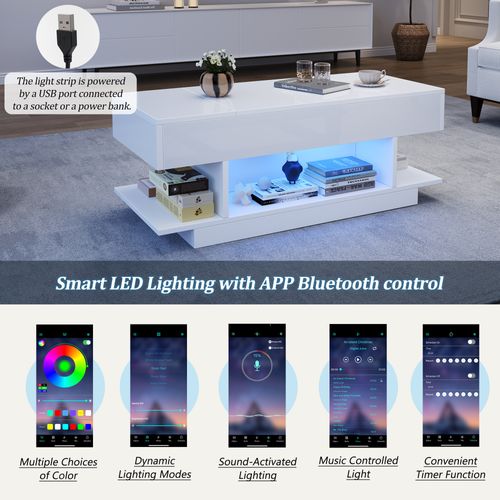 Table Basse Salon 98x45x40cm Plateau Réglable Hauteur LED 2 Compartiments Rangement Blanc Brillant