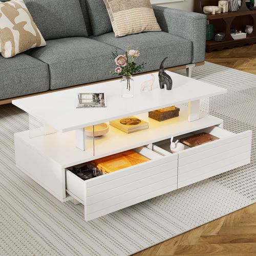 Table Basse Salon 100x50x42,5cm LED 2 Tiroirs Compartiment Rangement Ouvert Moderne Blanc Brillant