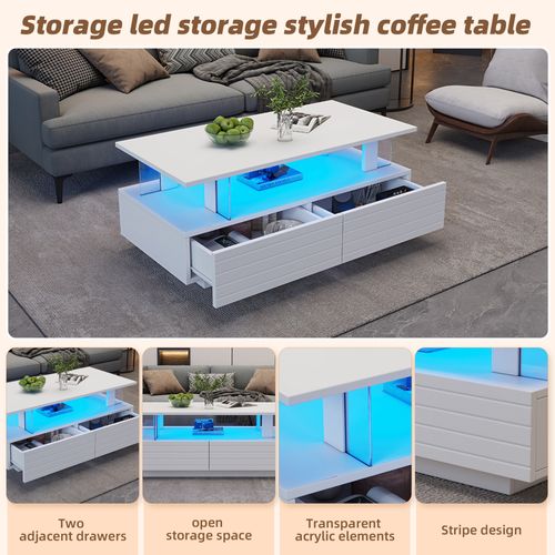 Table Basse Salon 100x50x42,5cm LED 2 Tiroirs Compartiment Rangement Ouvert Moderne Blanc Brillant