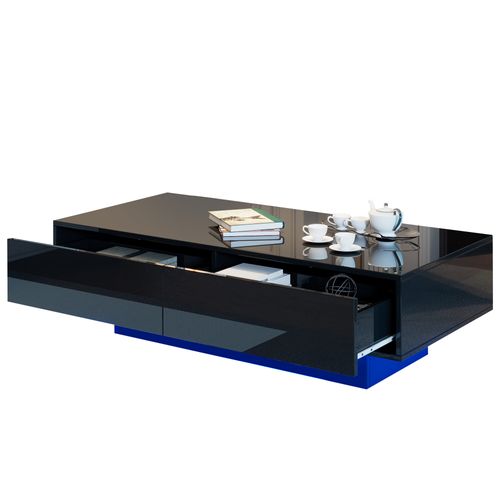 Table Basse Salon LED 2 Tiroirs 110x55x34cm - Noir Brillant