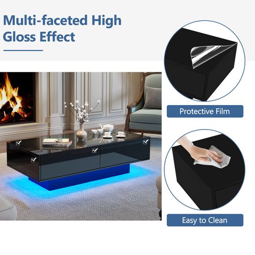 Table Basse Salon LED 2 Tiroirs 110x55x34cm - Noir Brillant