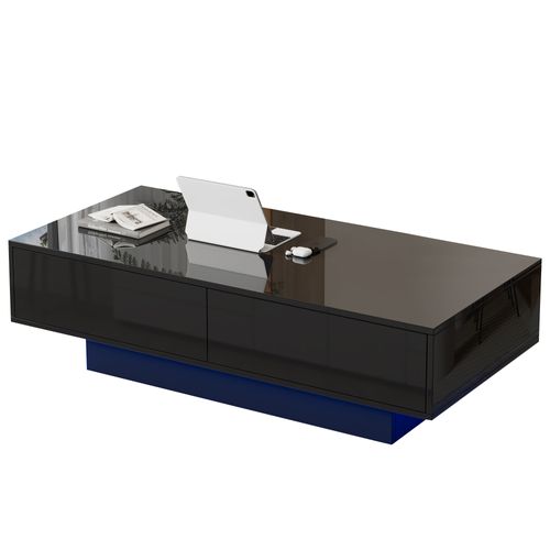 Table Basse Salon LED 2 Tiroirs 110x55x34cm - Noir Brillant