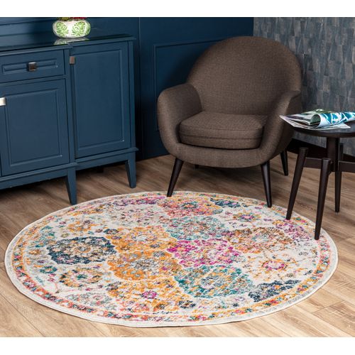 Tapis Oriental Patchwork Vintage Rond 160 Cm – Laine – Vert/Jaune – Modèle 2565 (NEUF)
