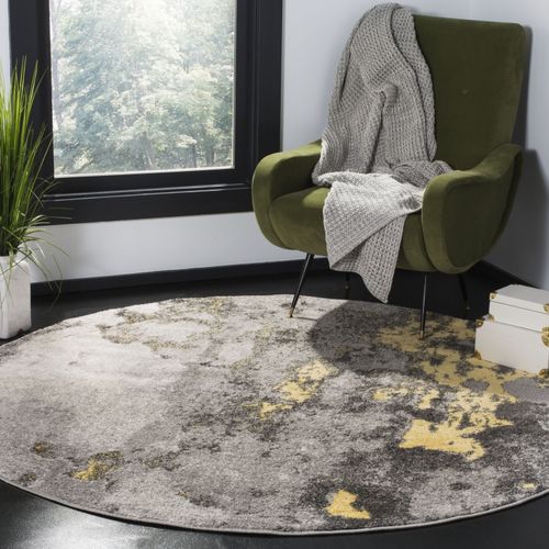 Tapis Rond Adirondack 235 X 235 Cm Abstrait Moderne En Détresse Evelyn Gris / Jaune