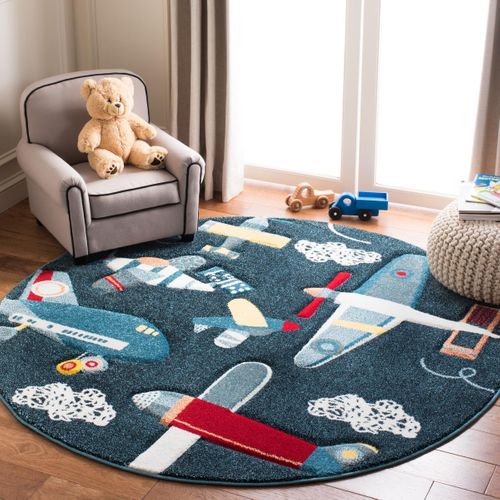 Tapis Rond Carousel Kids 122 X 122 Cm Contemporain Layla Marine / Ivoire