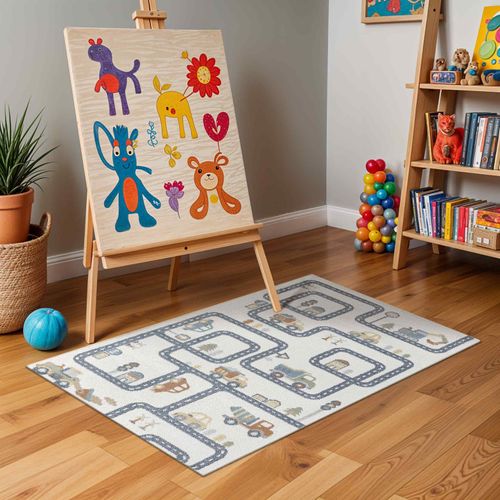 Tapis Enfant Lavable En Machine Circuit Voitures Beige/gris 160x213 Cm Vroomville
