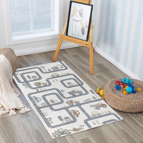 Tapis Enfant Lavable En Machine Circuit Voitures Beige/gris 80x150 Cm Vroomville