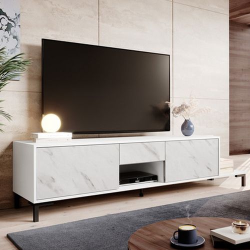 Meuble TV Design Effet Marbre Blanc 195cm Ketla