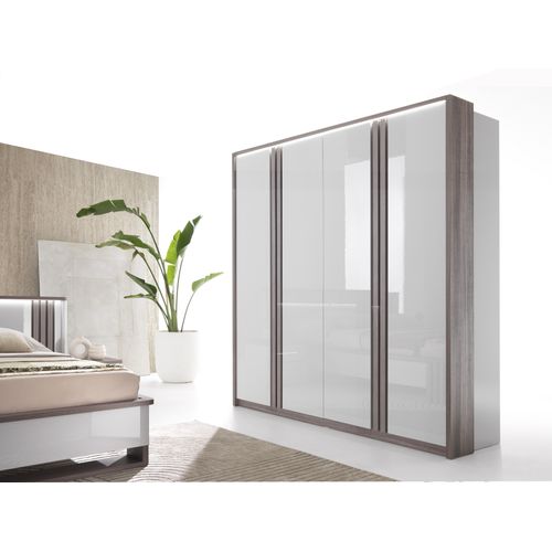 Armoire 4 portes battantes Led PESARO laqué gris/chêne gris