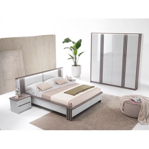 Chevet 2 tiroirs Led PESARO laqué gris/chêne gris