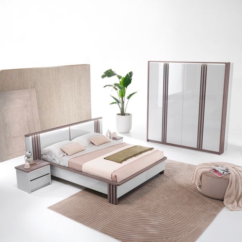 Lit 140x190cm Led PESARO laqué gris/chêne gris